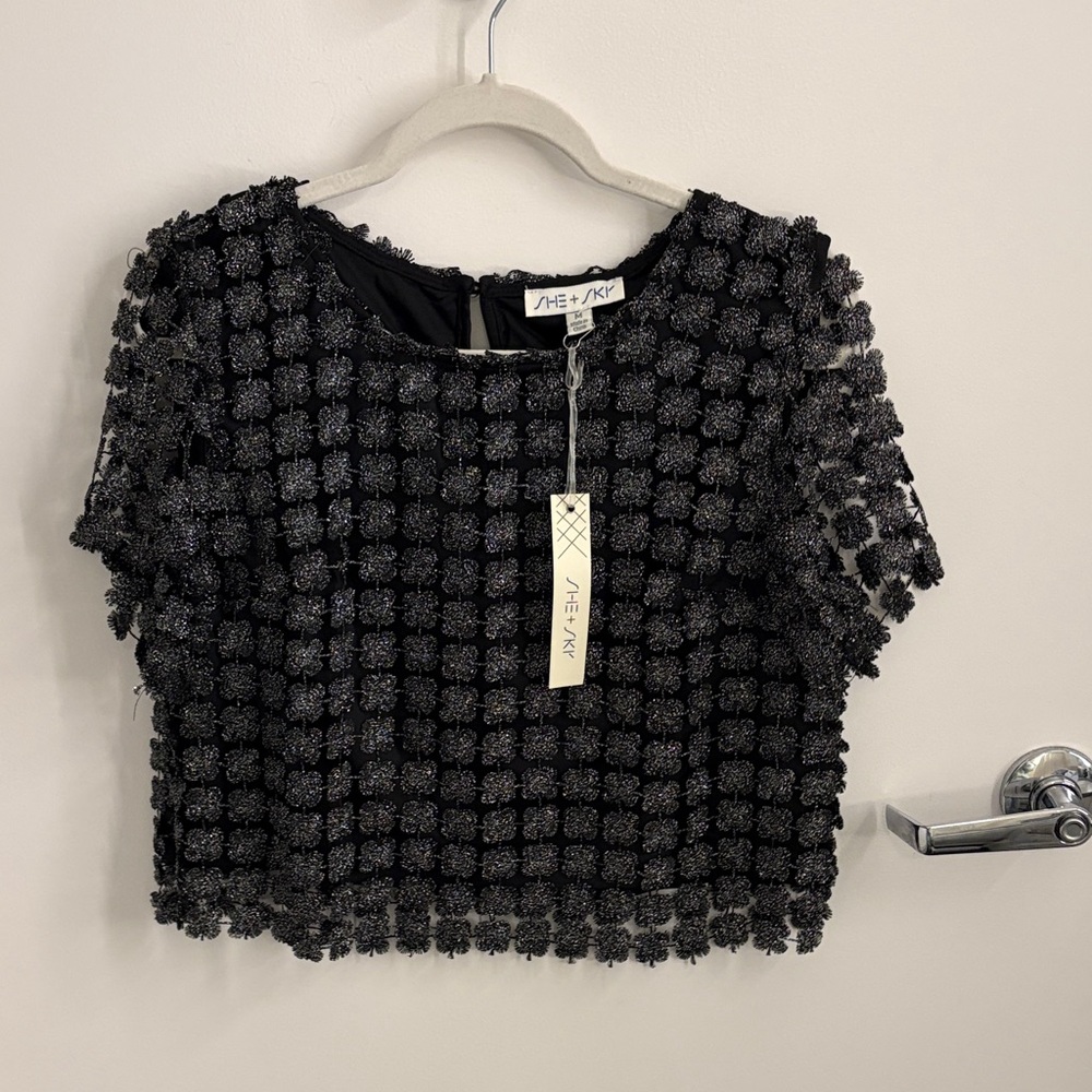 NWT SHE + SKY Black and Silver Floral Crop Top